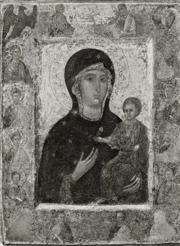 Anonimo — Anonimo veneziano sec. XIV - Madonna con Bambino, apostoli e simboli degli evangelisti — insieme